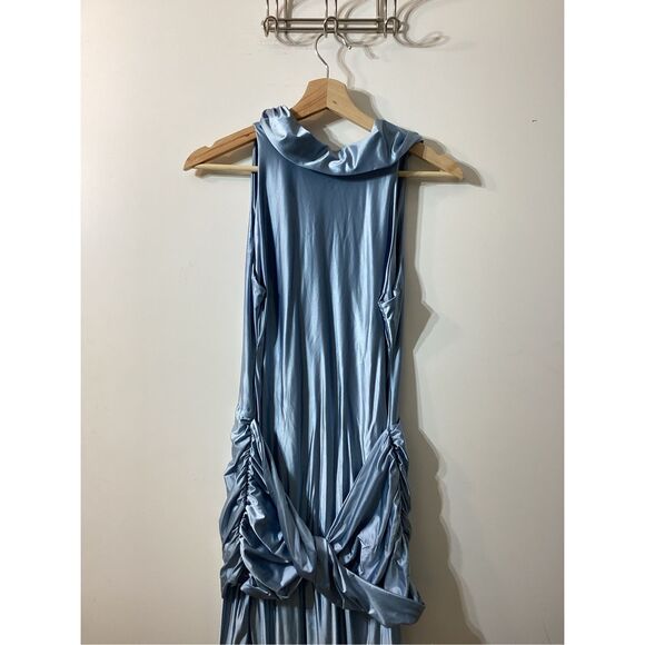 Delfi Collective Roya saphire blue Ruched Twisted  Satin Maxi Dress - Picture 6 of 14